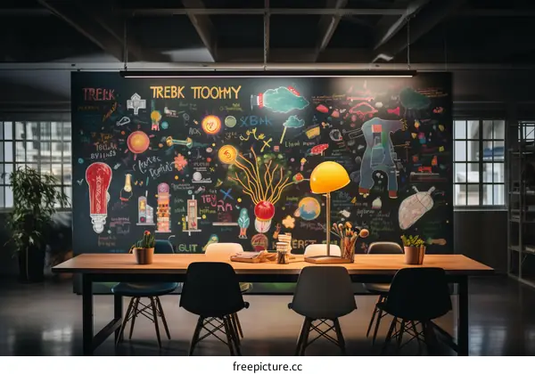 Chalkboard Drawing of Light Bulb, Plant, and Brain