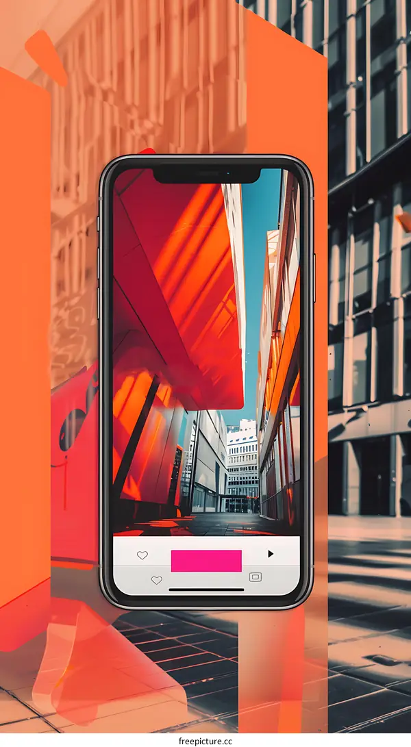 Modern Cityscape with Red and Orange Buildings Seen on a Phone Screen
