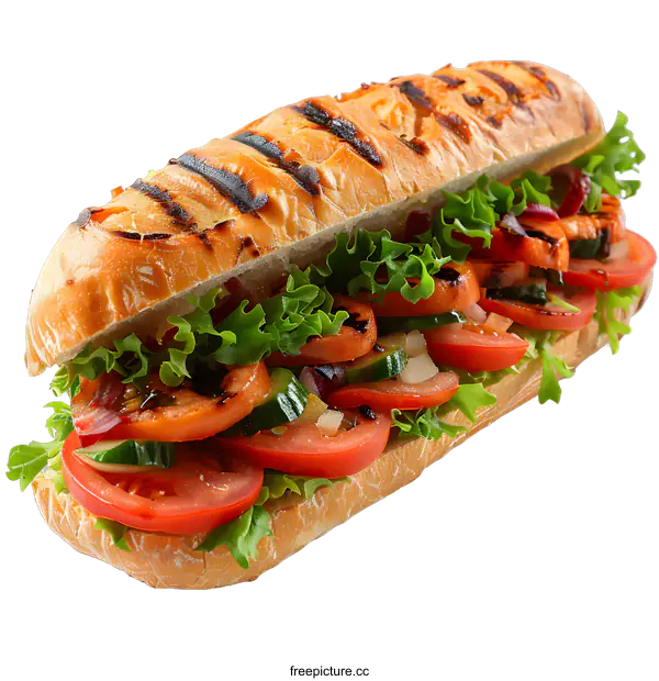 [Transparent Background PNG]Grilled Vegetable Sub Sandwich with Lettuce, Tomatoes, and Cucumbers