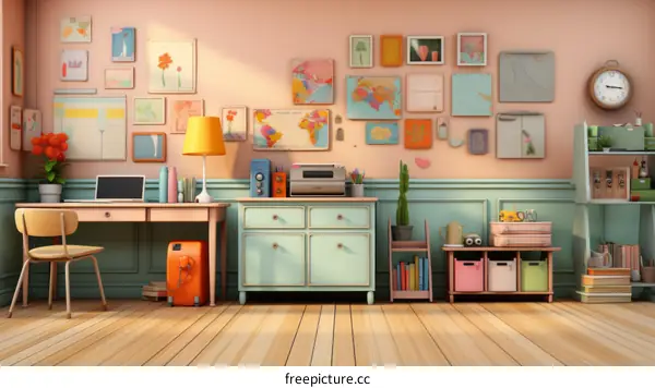 A colorful and organized home office with a large desk, a comfortable chair, and plenty of storage space