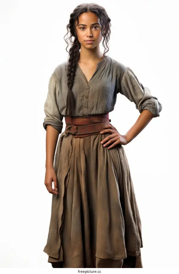 A young woman with long dark hair wearing a brown dress and a leather belt