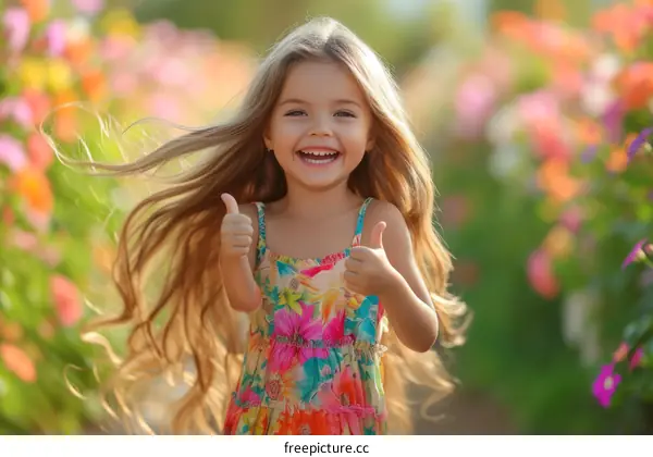 Little girl with long blond hair smiling and giving thumbs up in a field of flowers