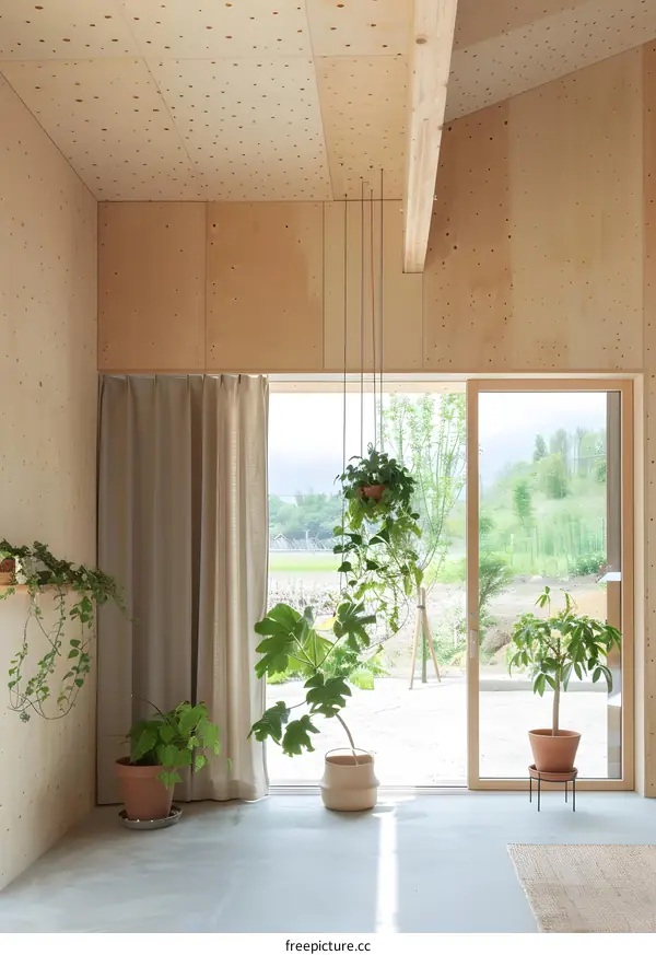 Modern Minimalist Interior Design with Wooden Walls and Large Window