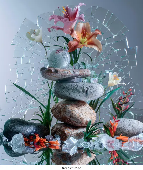 Still life with flowers and rocks