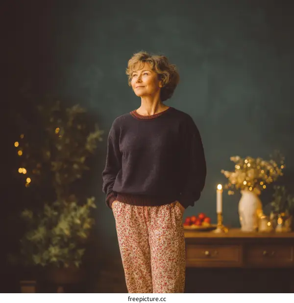 Thoughtful Senior Woman in Cozy Pajamas