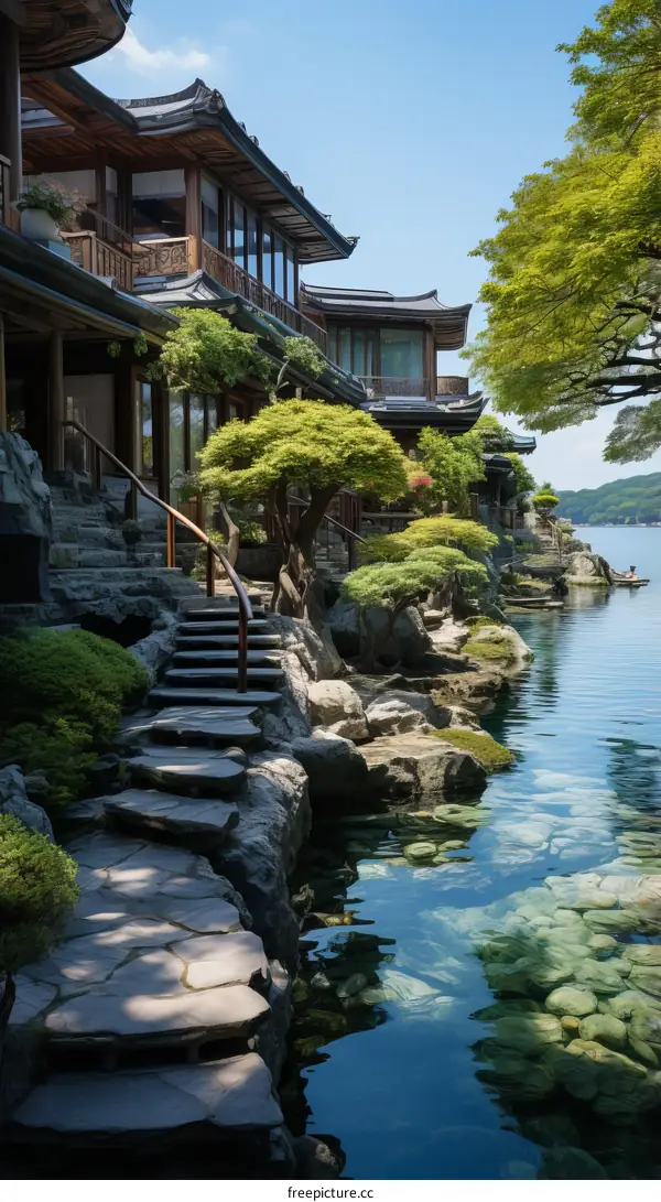 Japanese Traditional House with Serene Garden and Lake Vista
