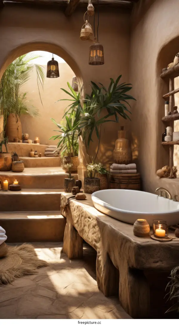 Nature-Inspired Bathroom with a Large Bathtub