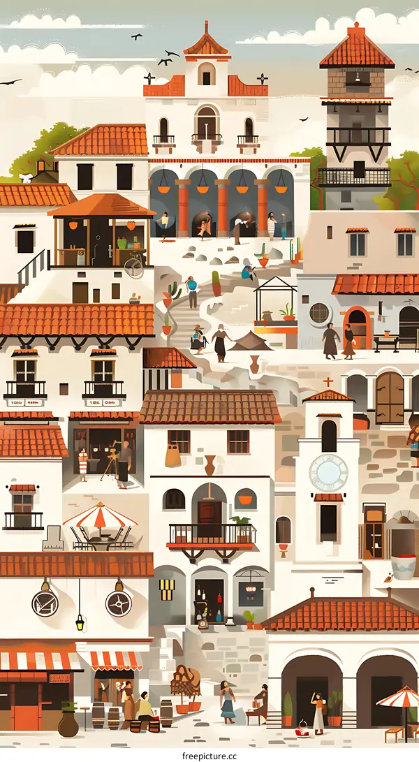 Colorful Illustration of a Busy Town Square with Many People