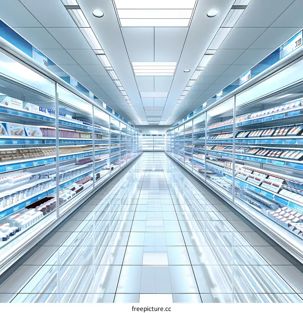 Empty Supermarket Aisle With Shelves Full Of Products