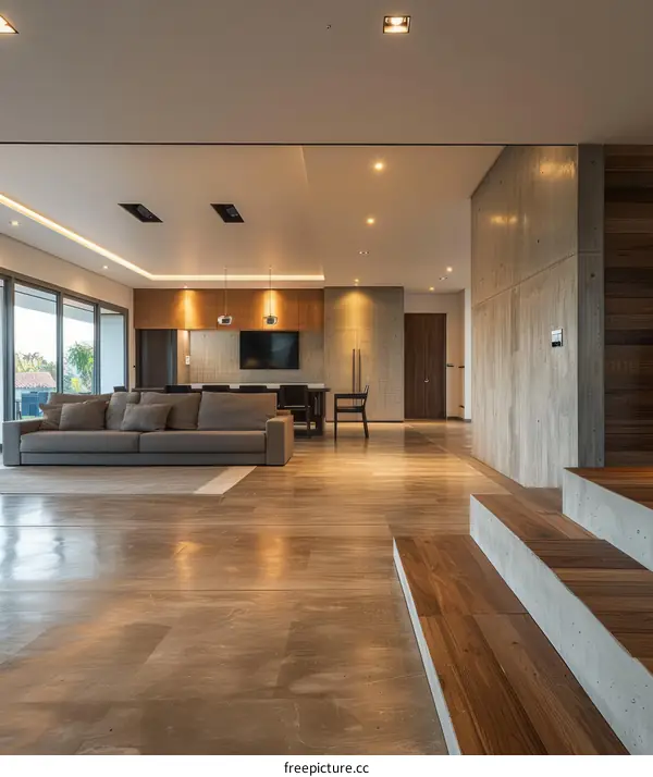 Modern minimalist open concept living room and kitchen with wood and concrete interior