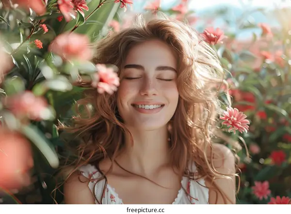 Happy Woman in a Flower Garden