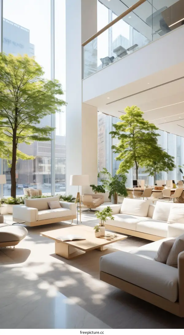 Modern workplace with natural light, city views, Nordic design