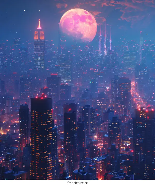 Neon Cityscape at Night Under a Pink Moon