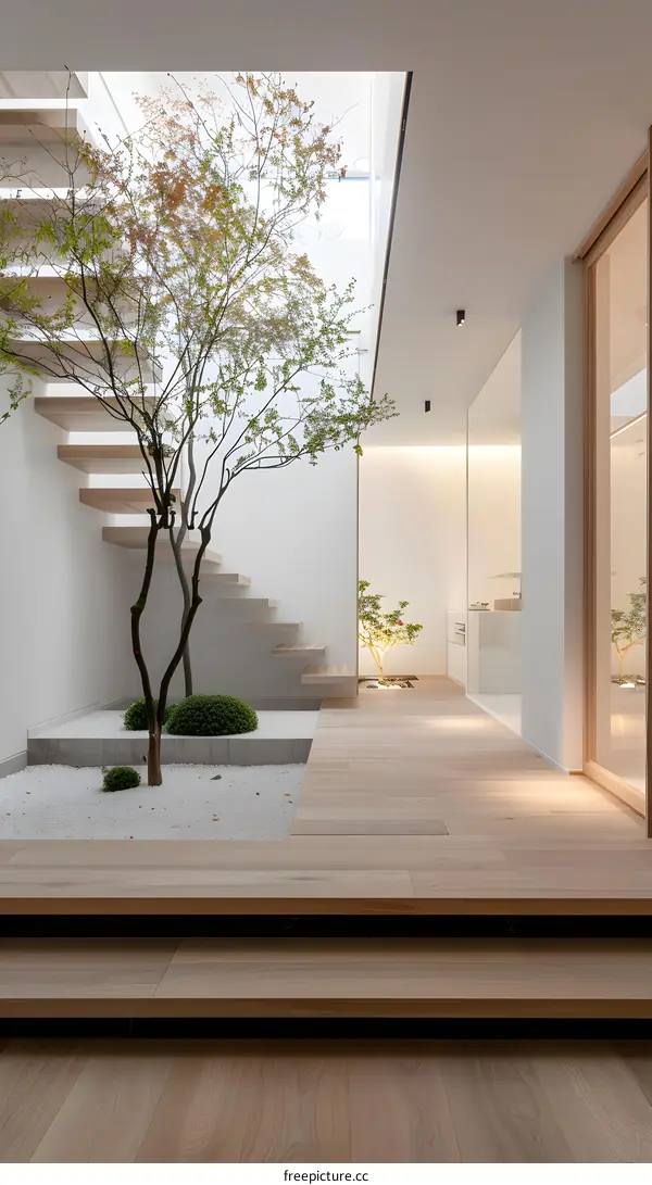 Modern Minimalist Home Interior Design with Skylight and Zen Garden