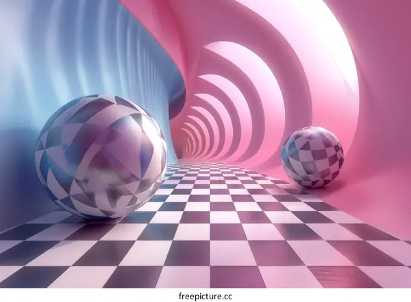 Pink and blue pastel checkerboard tunnel with spheres