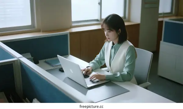 Young professional woman working on laptop in office cubicle