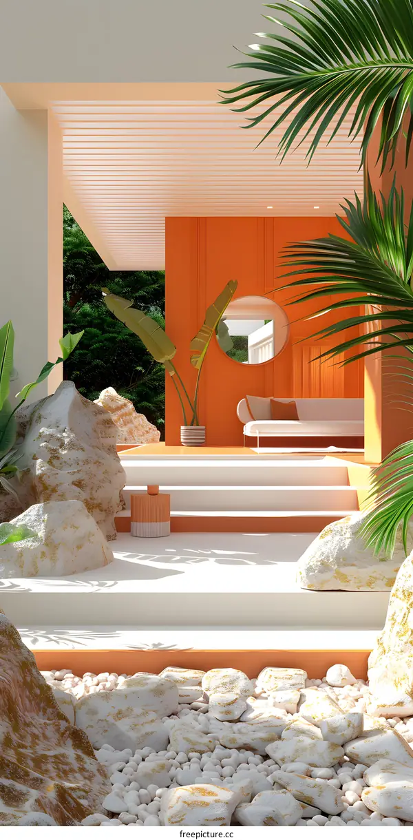 Minimalist Patio Design with Orange Wall and Rocks