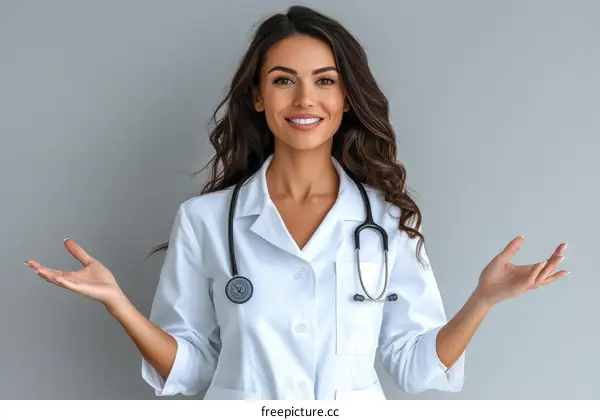 Smiling Female Doctor Presenting Healthcare Solutions