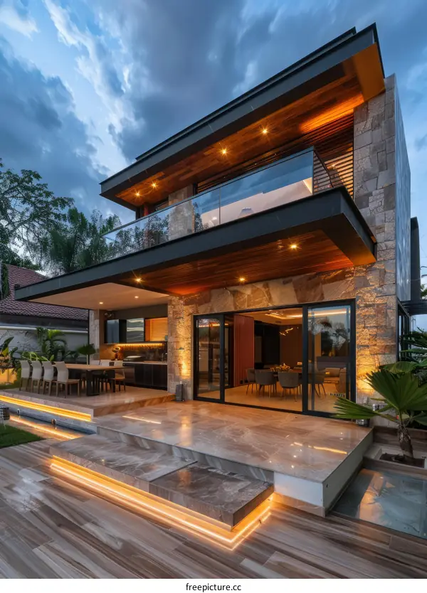 Modern Luxurious two-story house with a terrace, large windows and a swimming pool