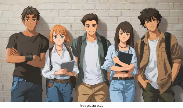 Group of Diverse Friends by a Brick Wall