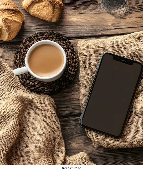 Coffee Cup with Smartphone and Pastry on Wooden Table