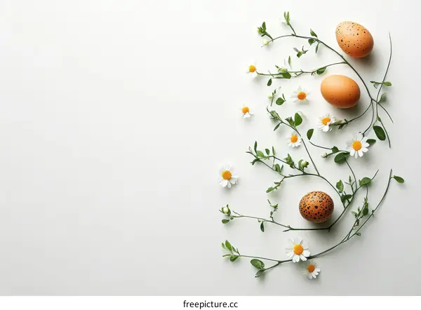 Easter eggs and flowers on a white background