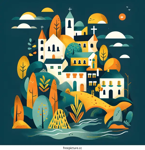 Town Illustration with Church Buildings