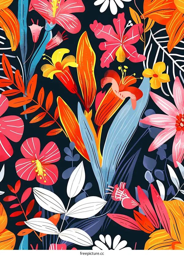 Colorful Floral Pattern with Tropical Plants