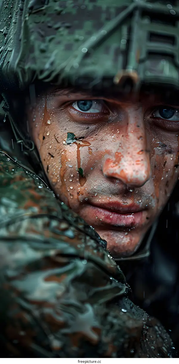 Portrait of a young soldier with blue eyes and a green camouflage on his face