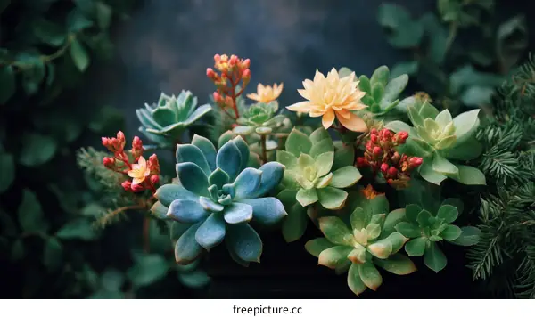Colorful Succulents Arrangement in Dark Background