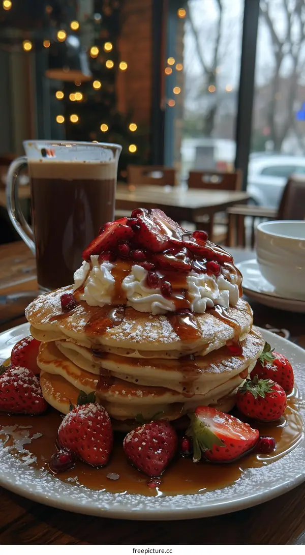A decadent plate of pancakes topped with strawberries, cream, and syrup