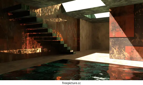 Abstract Interior Design with Rusty Walls and Green Water