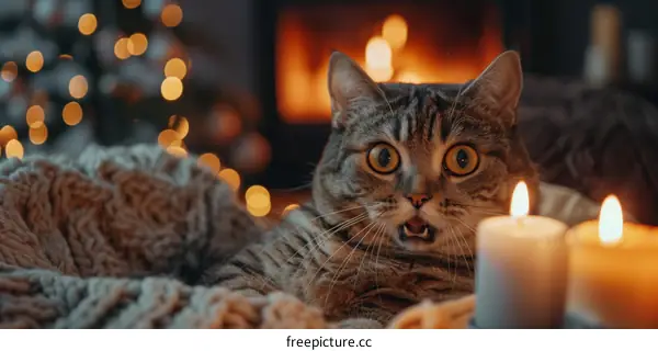 Scared cat near a fireplace and a Christmas tree