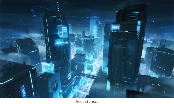 Futuristic Cityscape with Glowing Skyscrapers and Digital Lights