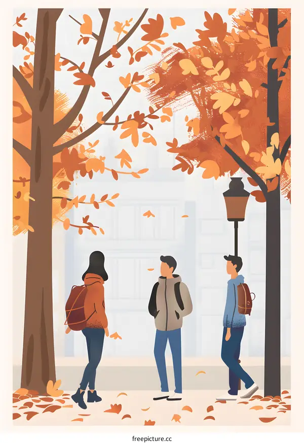 Autumn Leaves Fall Illustration of People Walking in City Park