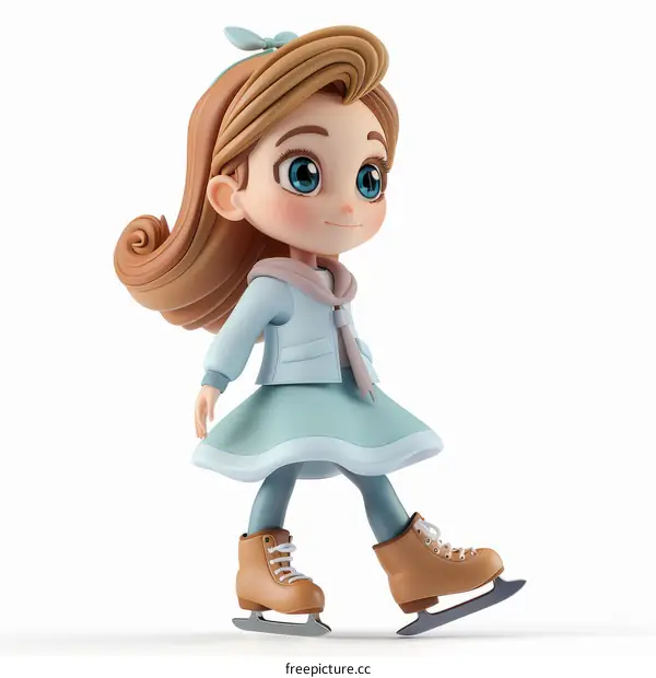 Cute Girl Cartoon Ice Skater with Flowing Hair
