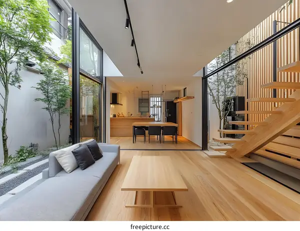 Modern Japanese Style Home Interior Design with Wooden Floors and Patio