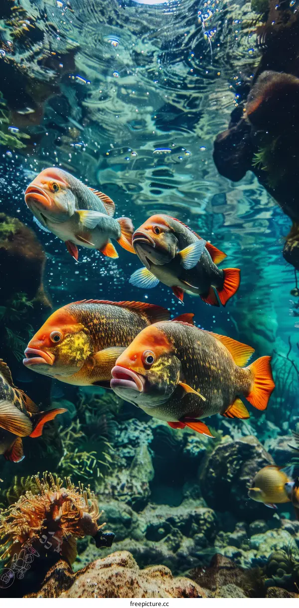 Four red fish swimming in a blue ocean
