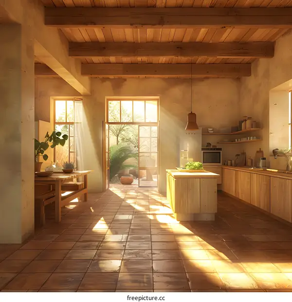 Rustic Kitchen Interior Design With Wooden Beams and Sunlight