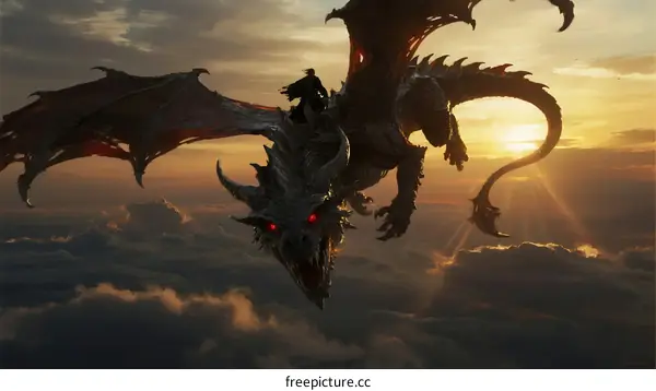 A Dark Dragon with Rider Flying Over Clouds at Sunset