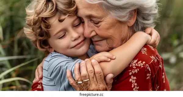 Grandmother and Grandson Hugging In Nature