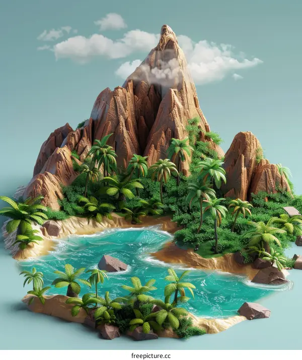 Tropical Island Paradise with Palm Trees and Mountains