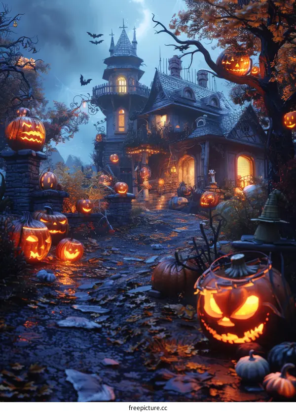 Illuminated Halloween Pumpkin House in Forest Night