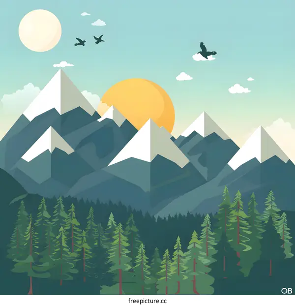 Sunrise Over Mountains and Forest