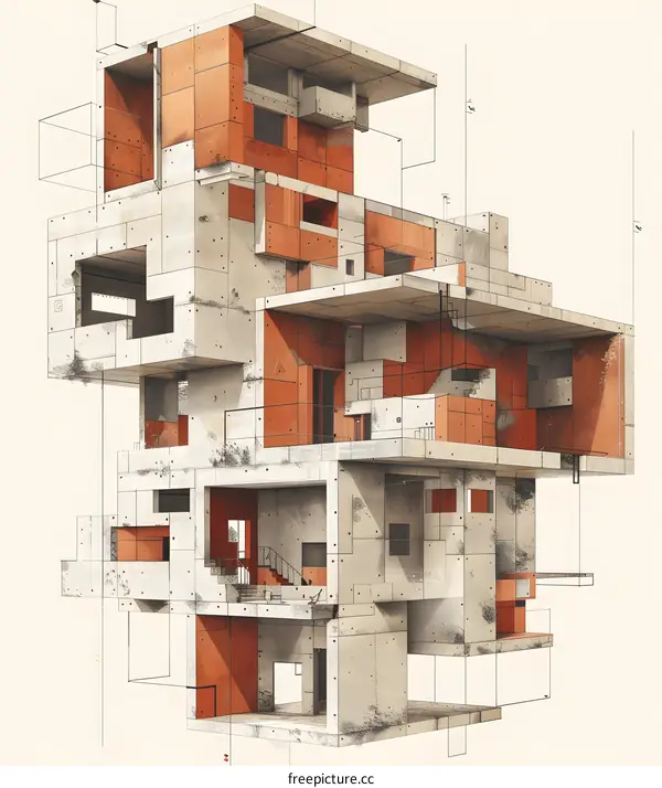 An illustration of a brutalist apartment building