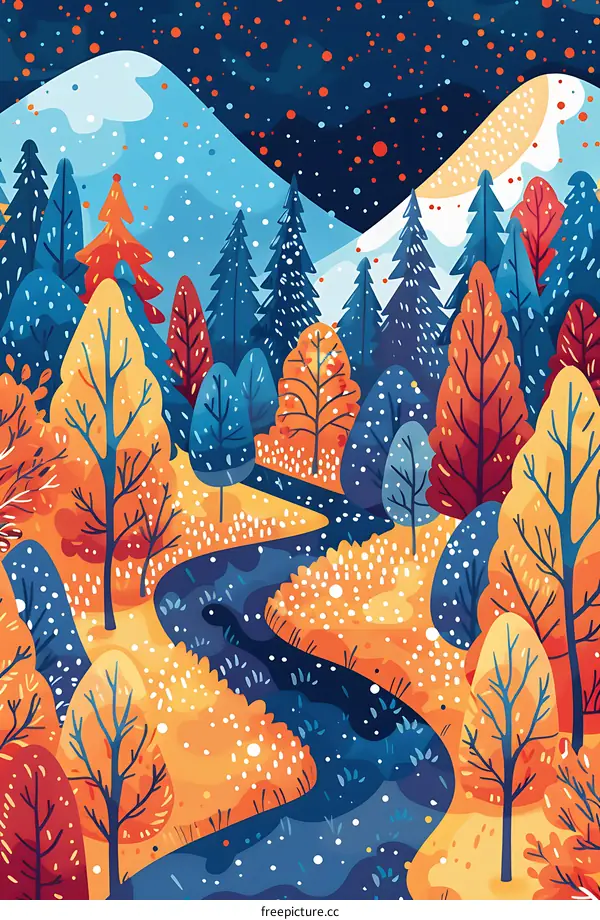 Winter Forest Illustration with River and Snowy Mountains