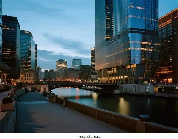 Cityscape at dusk with modern skyscrapers and a river