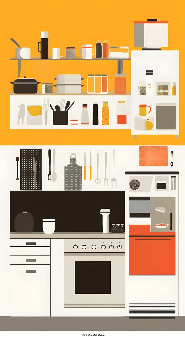Kitchen Illustration with Yellow Background and White Cabinets