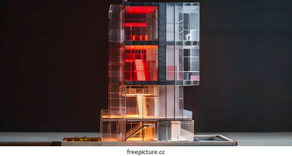 Transparent Model of Modern Building with Glass Walls and Stairs