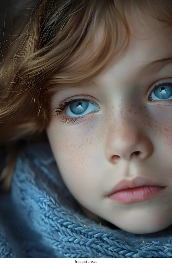 Portrait of a young girl with freckles and blue eyes